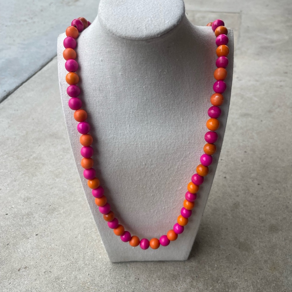 Neon Pink and Orange Electric Tennis Pink Wood Round Long Necklace